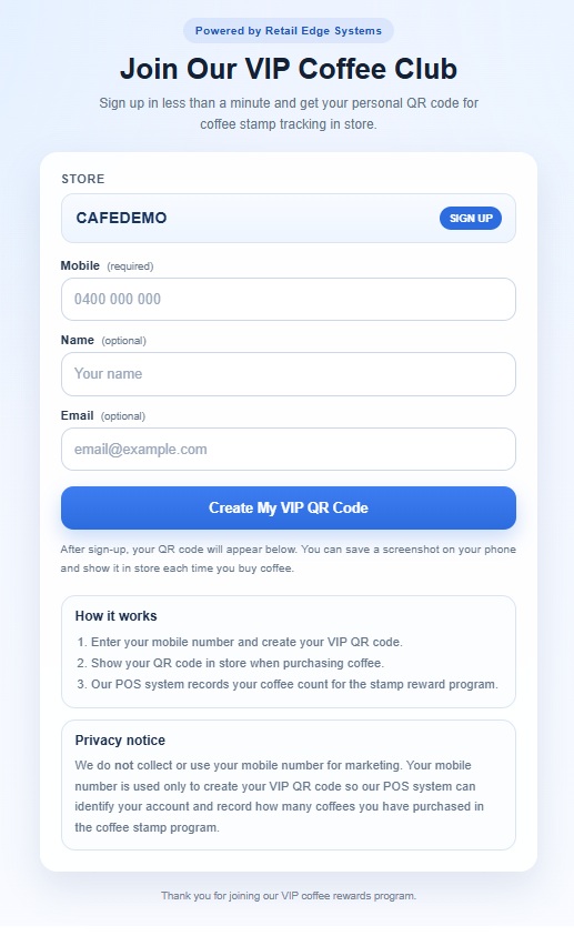 VIP coffee reward mobile signup screen