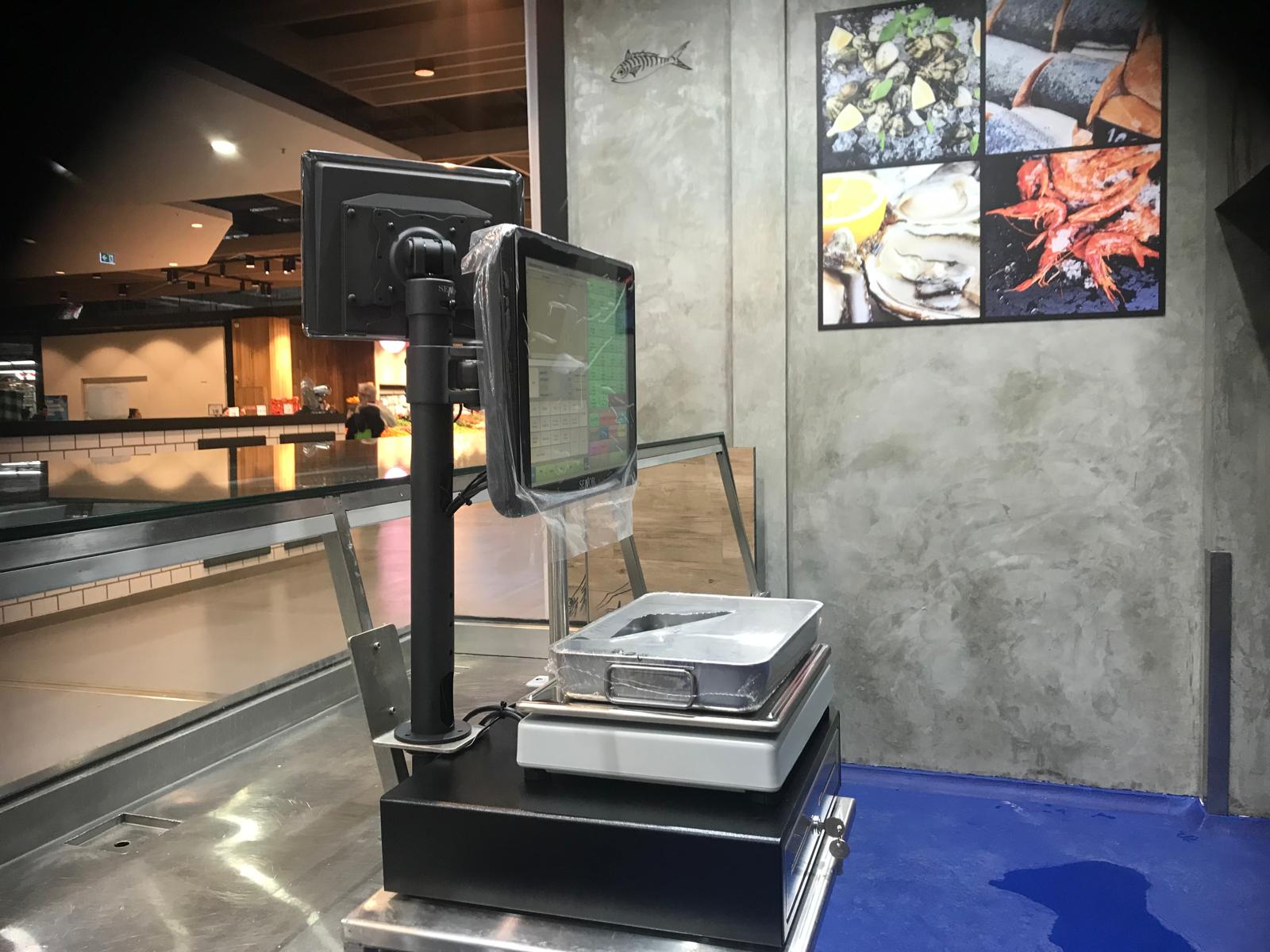 Fish shop POS with scale side angle