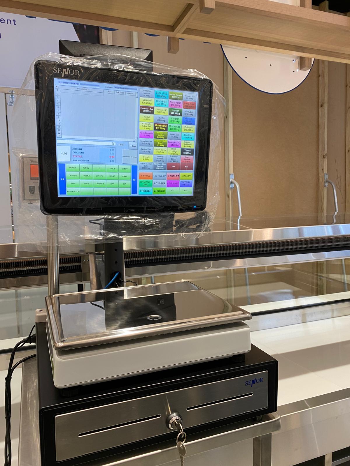 Wide fish shop installation view